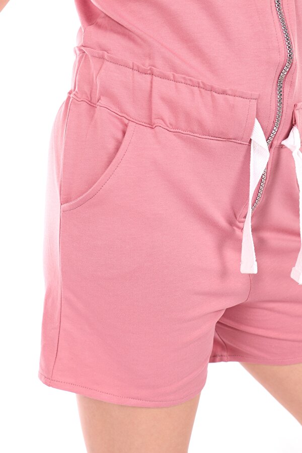 Toontoy Kids Toontoy Kız Çocuk Kapüşonlu Fermuarlı Cepli Kısa Kol Kısa Tulum - Bağcık Detaylı