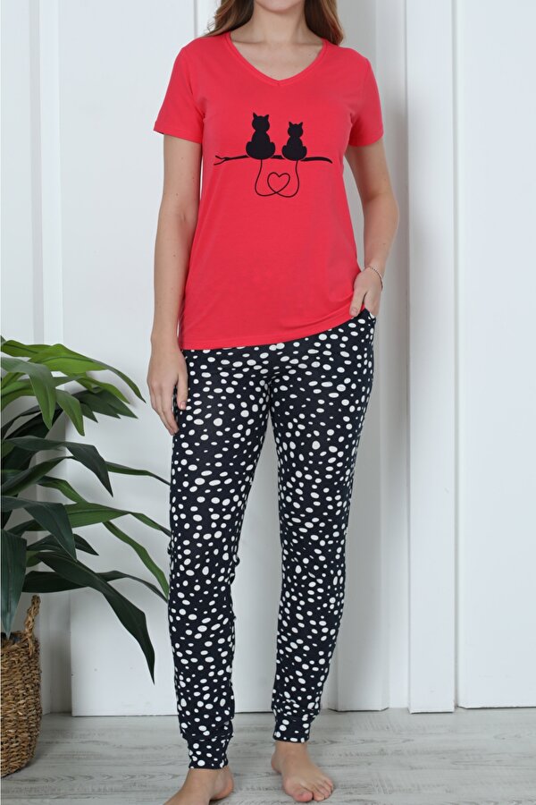 NICOLETTA Kadın Şortlu Ve Uzun Pijama Takımı Kısa Kollu 3 Lü Set Likralı Cepli NAR