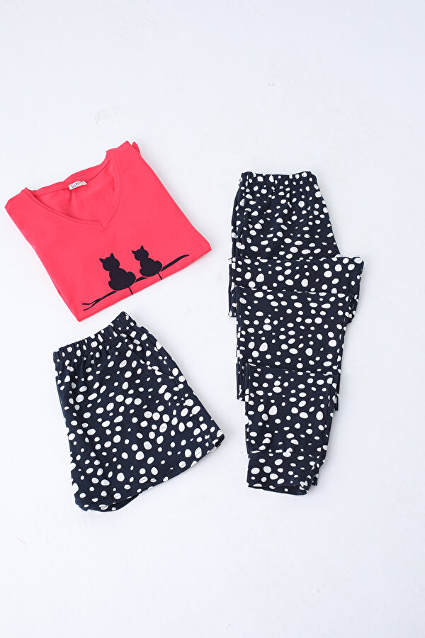 NICOLETTA Kadın Şortlu Ve Uzun Pijama Takımı Kısa Kollu 3 Lü Set Likralı Cepli NAR