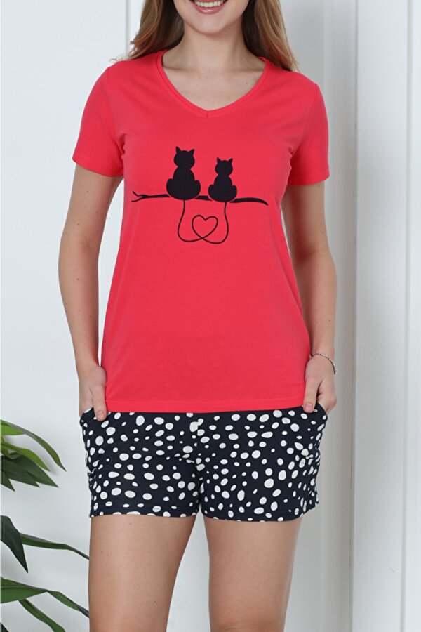 NICOLETTA Kadın Şortlu Ve Uzun Pijama Takımı Kısa Kollu 3 Lü Set Likralı Cepli NAR