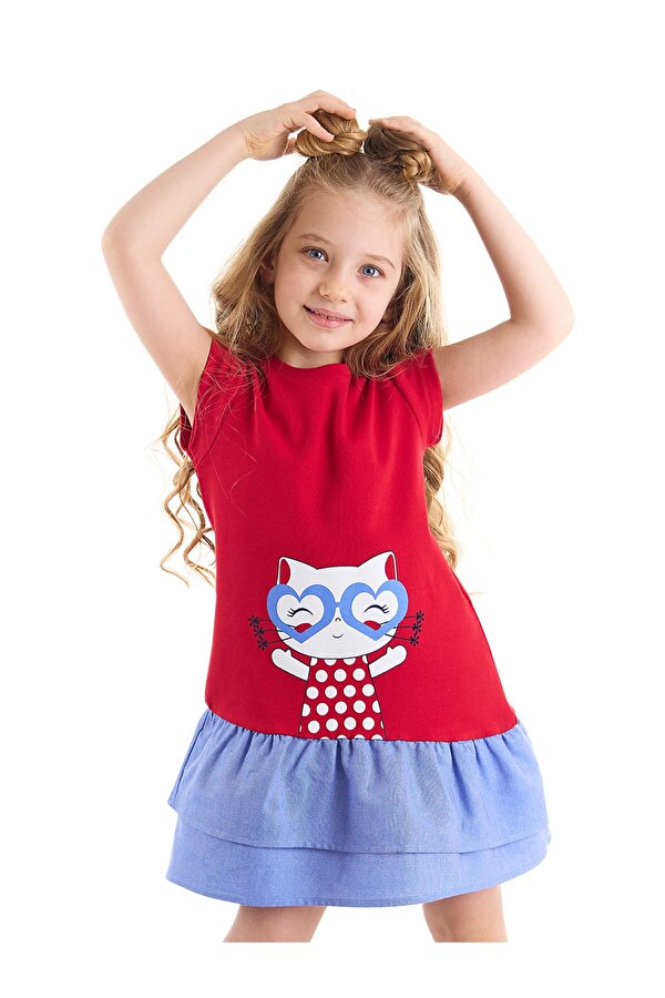 Denokids Kedi Fırfırlı Kırmızı Kız Çocuk Elbise