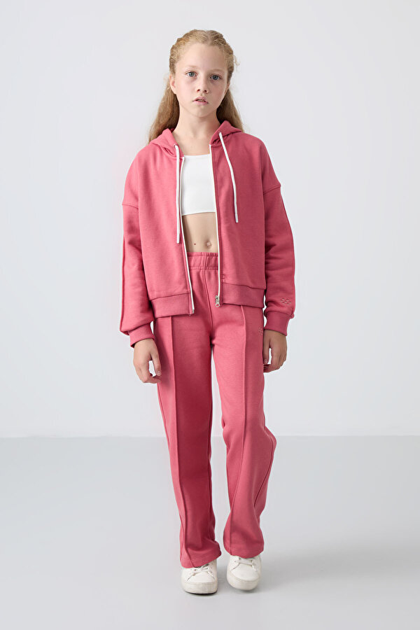 TOMMYLIFE Yaban Gülü Pamuklu İçi Tüylü Yumuşak Dokulu Standart Fit Nakışlı Kız Çocuk Eşofman Takım - 75161