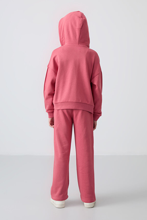 TOMMYLIFE Yaban Gülü Pamuklu İçi Tüylü Yumuşak Dokulu Standart Fit Nakışlı Kız Çocuk Eşofman Takım - 75161