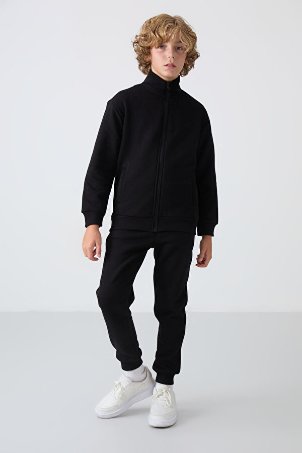 TOMMYLIFE Siyah Pamuklu Kalın İçi Tüylü Yumuşak Dokulu Standart Fit Nakışlı Erkek Çocuk Eşofman Takım - 11256