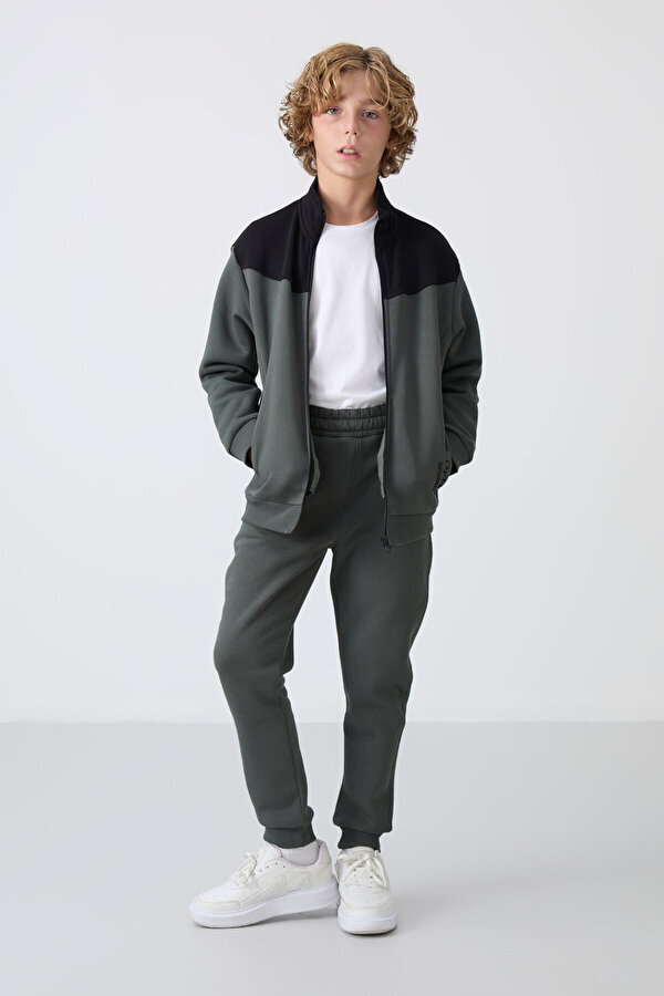 TOMMYLIFE Haki Pamuklu Kalın İçi Tüylü Yumuşak Dokulu Standart Fit Nakışlı Erkek Çocuk Eşofman Takım - 11240