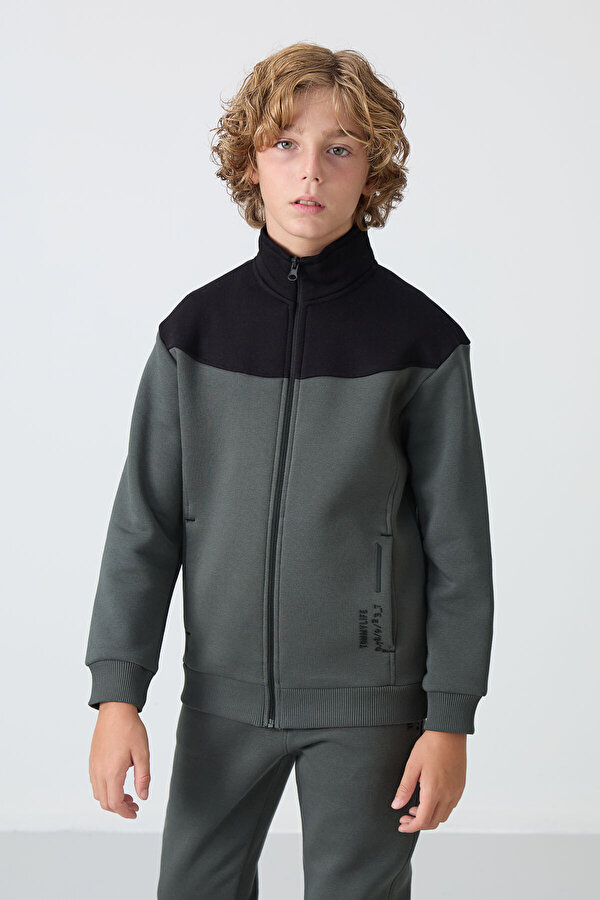 TOMMYLIFE Haki Pamuklu Kalın İçi Tüylü Yumuşak Dokulu Standart Fit Nakışlı Erkek Çocuk Eşofman Takım - 11240