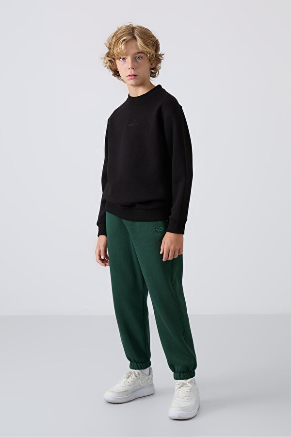 TOMMYLIFE Siyah Pamuklu Kalın İçi Tüylü Yumuşak Dokulu Standart Fit Nakışlı Erkek Çocuk Sweatshirt - 11232