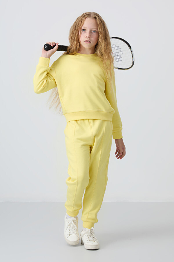 TOMMYLIFE Sarı Pamuklu İçi Tüylü Yumuşak Dokulu Oversize Nakışlı Kız Çocuk Eşofman Takım - 75145
