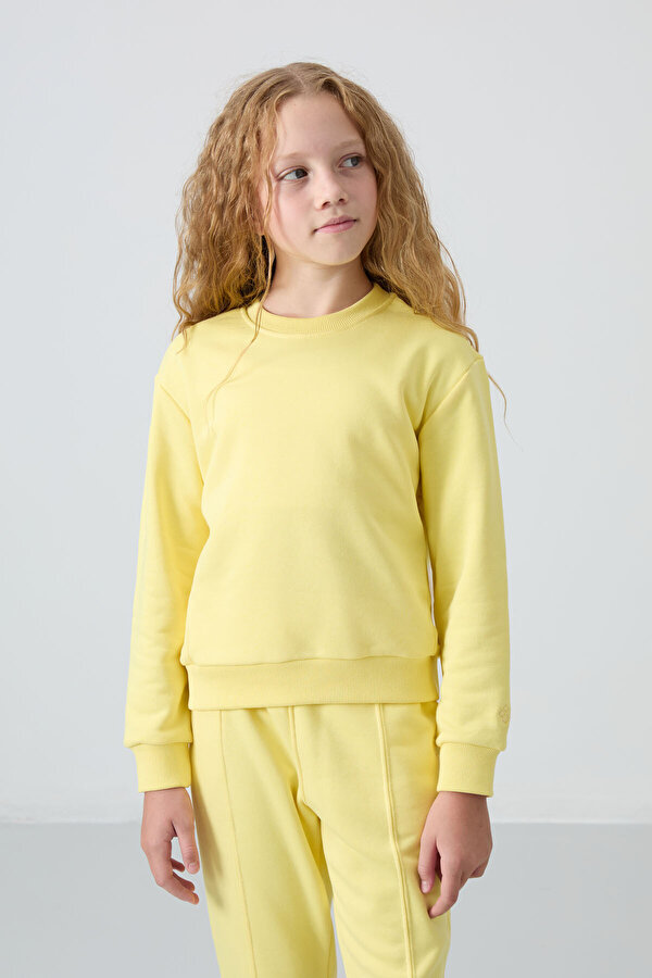 TOMMYLIFE Sarı Pamuklu İçi Tüylü Yumuşak Dokulu Oversize Nakışlı Kız Çocuk Eşofman Takım - 75145