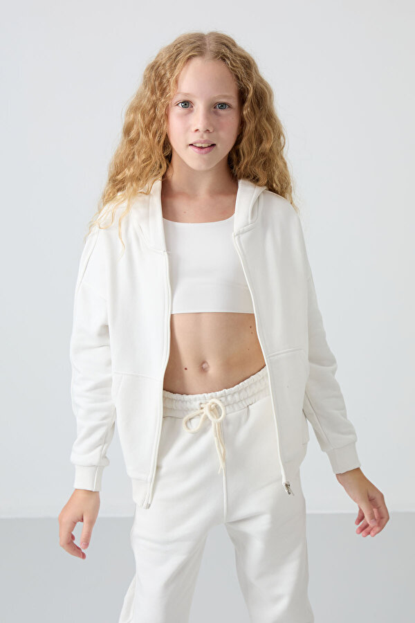 TOMMYLIFE Ekru Pamuklu İçi Tüylü Yumuşak Dokulu Standart Fit Nakışlı Kız Çocuk Eşofman Takım - 75148