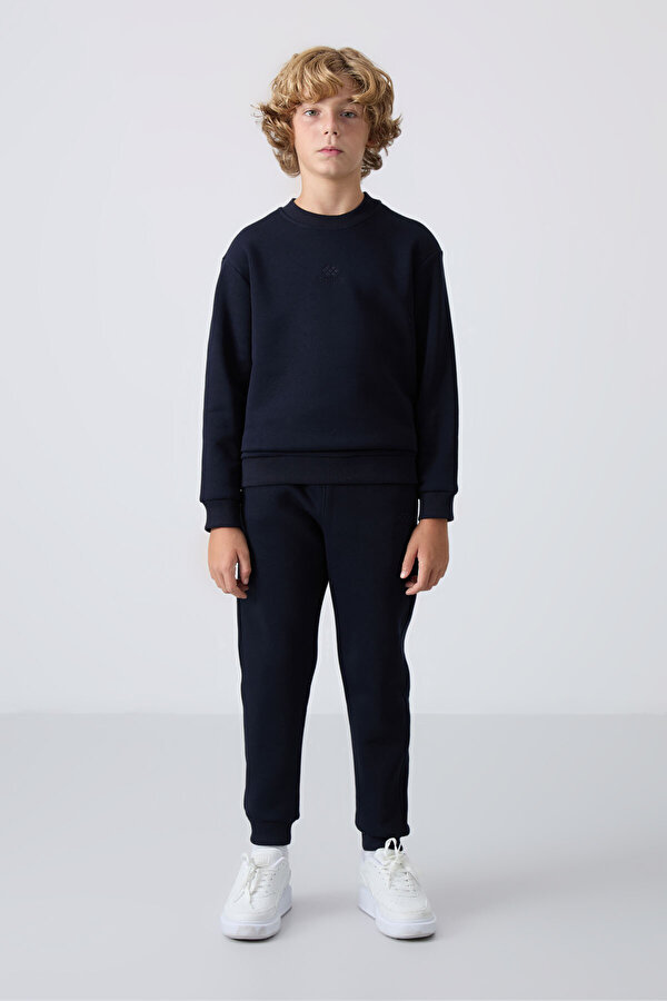 TOMMYLIFE Lacivert Pamuklu Kalın İçi Tüylü Yumuşak Dokulu Standart Fit Nakışlı Erkek Çocuk Eşofman Takım - 112