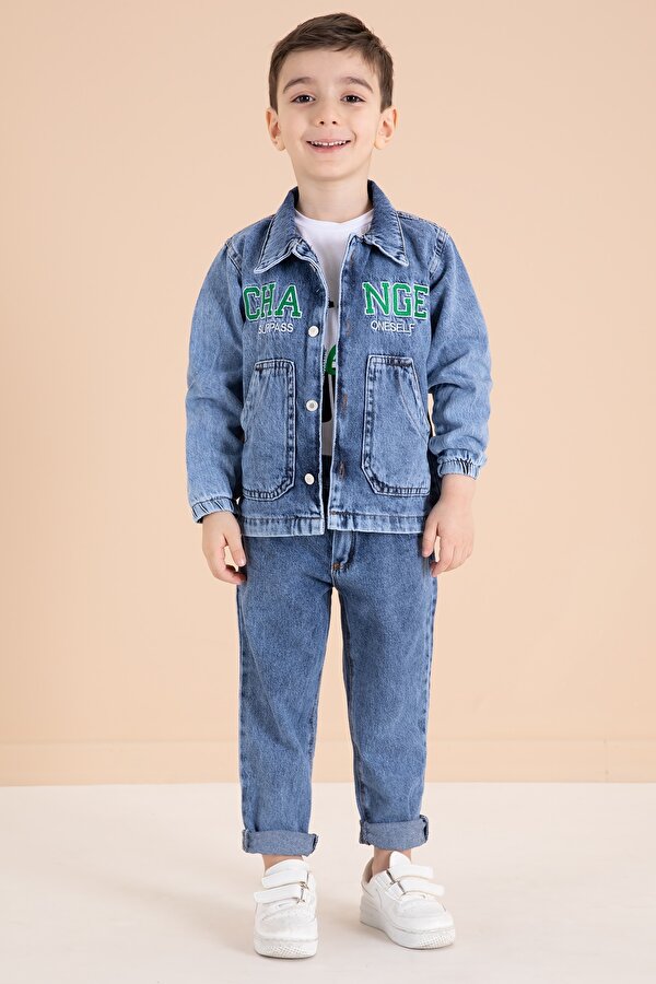 Cansın Mini Lacivert Yazı Nakışlı Ceketli 3lü Erkek Çocuk Jean Takım 20001