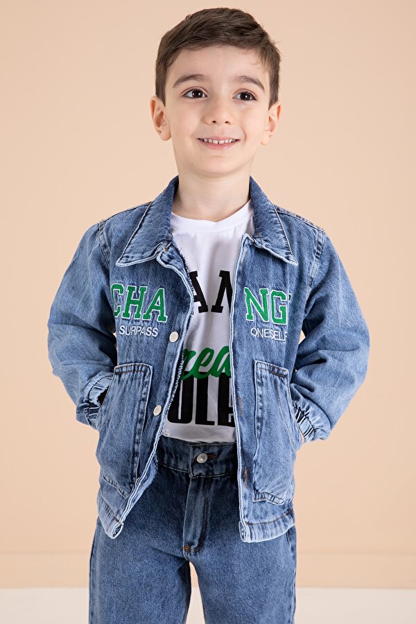 Cansın Mini Lacivert Yazı Nakışlı Ceketli 3lü Erkek Çocuk Jean Takım 20001