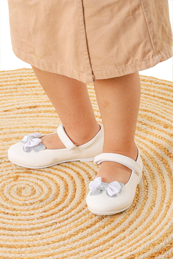 Kiko Kids Taşlı Cırtlı Kız Çocuk Fiyonklu Babet Ayakkabı Ege 204 Cilt Beyaz