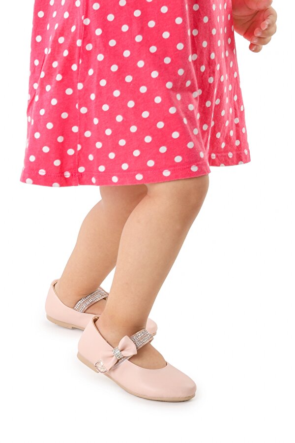 Kiko Kids Cerry Cilt Cırtlı Kız Çocuk Taşlı Babet Ayakkabı Pudra