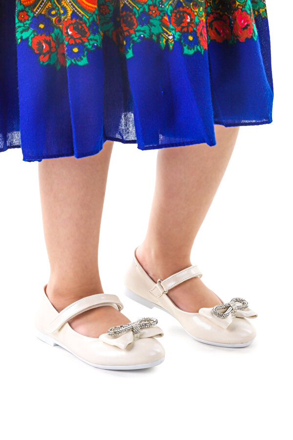 Kiko Kids Bowtie Papyon Taşlı Cırtlı Kız Çocuk Babet Ayakkabı Sedef