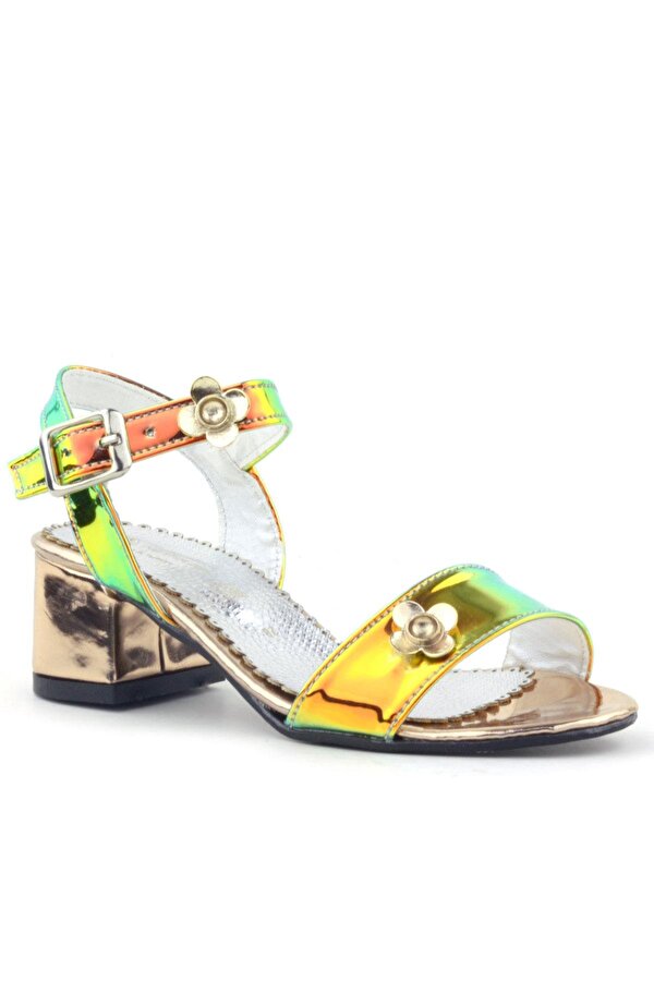 Hapshoe Kids Pony Hologram Bakır Yeşil Kalın Topuklu Çiçek Detaylı Kız Çocuk Abiye Ayakkabı