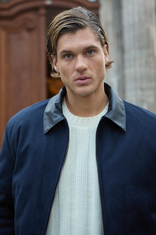 Danger Erkek Deri Detaylı Süet Lacivert Ceket Mont