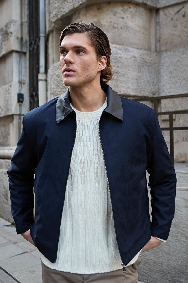 Danger Erkek Deri Detaylı Süet Lacivert Ceket Mont