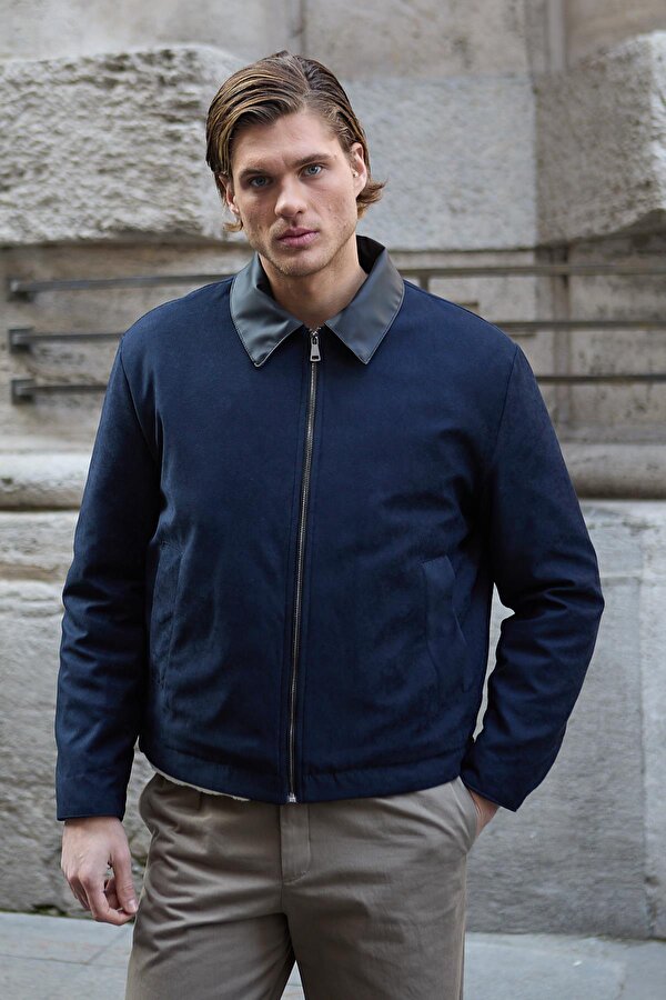 Danger Erkek Deri Detaylı Süet Lacivert Ceket Mont