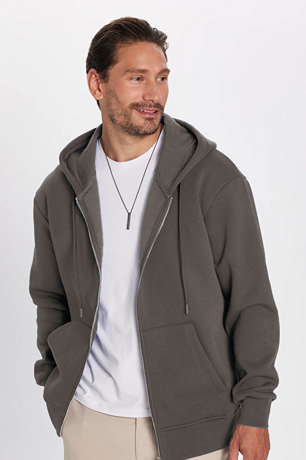 Tudors Unisex Relax Fit Rahat Kesim Pamuklu İçi Polarlı Çift Cepli Fermuarlı Gri Kapüşonlu Sweatshirt