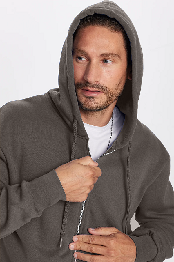 Tudors Unisex Relax Fit Rahat Kesim Pamuklu İçi Polarlı Çift Cepli Fermuarlı Gri Kapüşonlu Sweatshirt