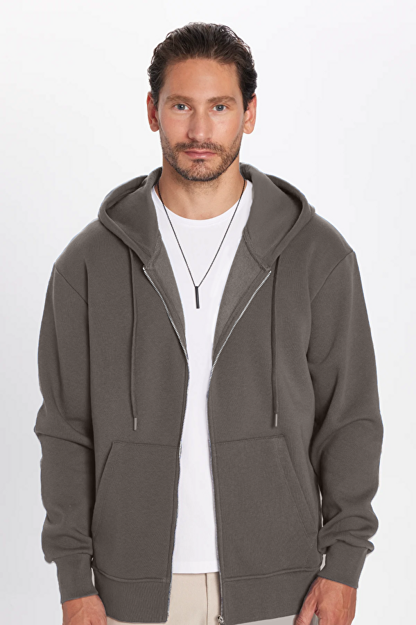 Tudors Unisex Relax Fit Rahat Kesim Pamuklu İçi Polarlı Çift Cepli Fermuarlı Gri Kapüşonlu Sweatshirt