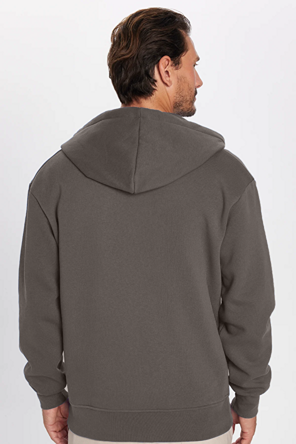 Tudors Unisex Relax Fit Rahat Kesim Pamuklu İçi Polarlı Çift Cepli Fermuarlı Gri Kapüşonlu Sweatshirt