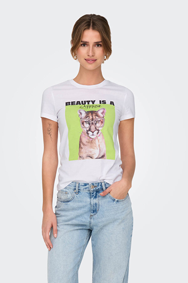 Only ONLVIBE LIFE S/S GLASSES Beyaz Kadın Kısa Kol T-Shirt