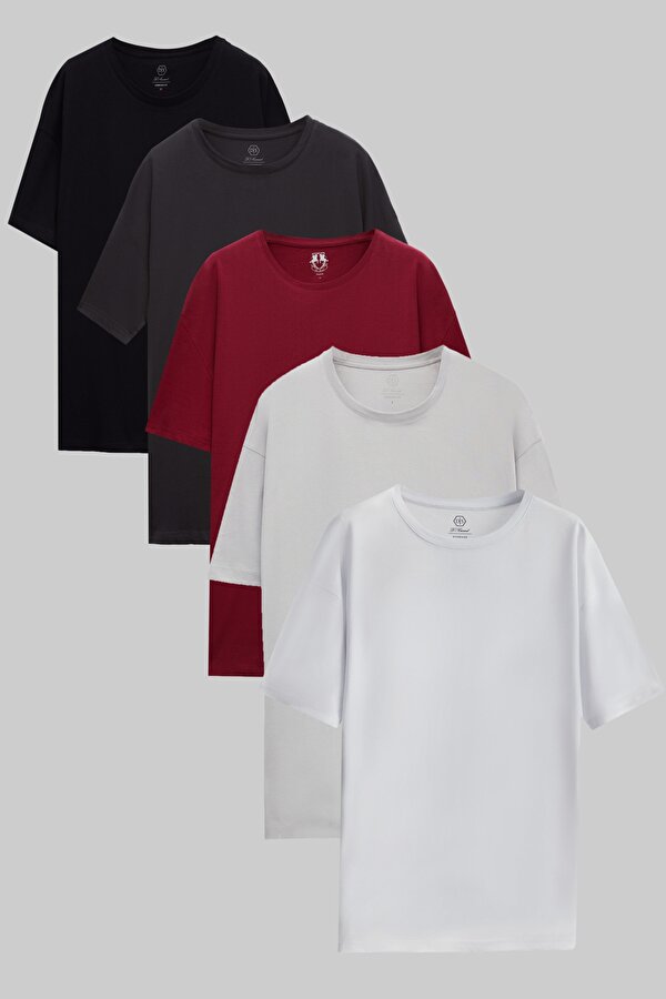 D'S damat Ds Damat Siyah/Antrasit/Bordo/Gri/Beyaz 5'Li Oversize %100 Pamuk T-Shirt