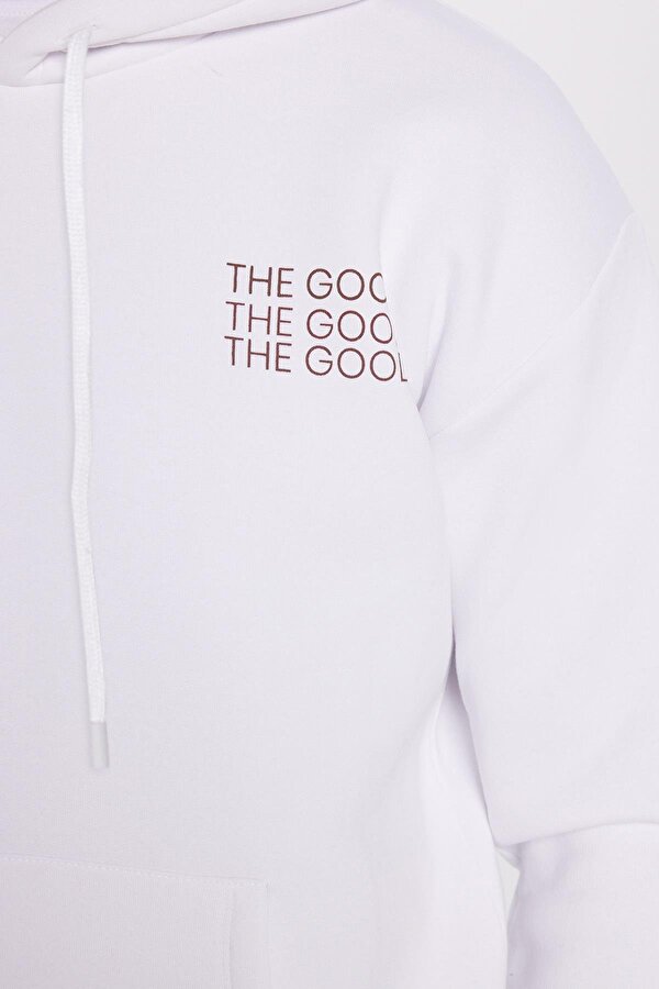 Tudors Unisex Oversize Geniş Kesim Pamuklu Yumuşak Dokulu İçi Polarlı Baskılı Beyaz Kapüşonlu Sweatshirt