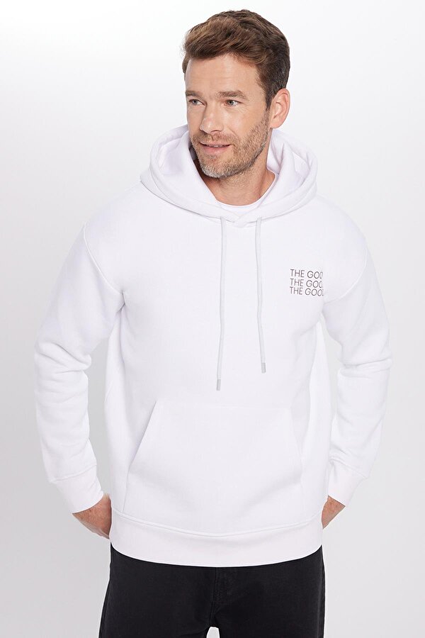 Tudors Unisex Oversize Geniş Kesim Pamuklu Yumuşak Dokulu İçi Polarlı Baskılı Beyaz Kapüşonlu Sweatshirt