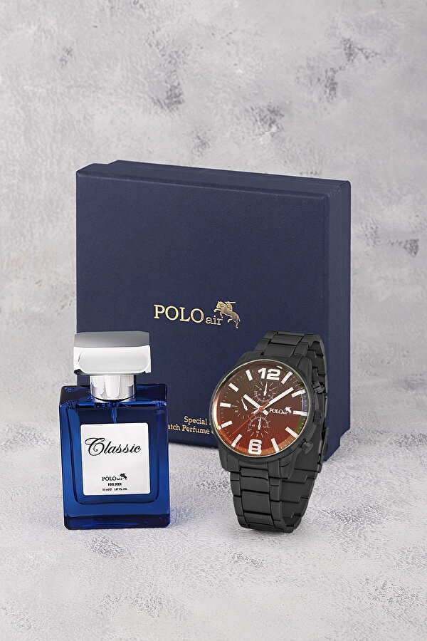Polo Air Erkek Metal Kol Saati Ve Parfüm Seti Hediyelik Kutusunda Kombin Siyah Renk Pl-0949e1