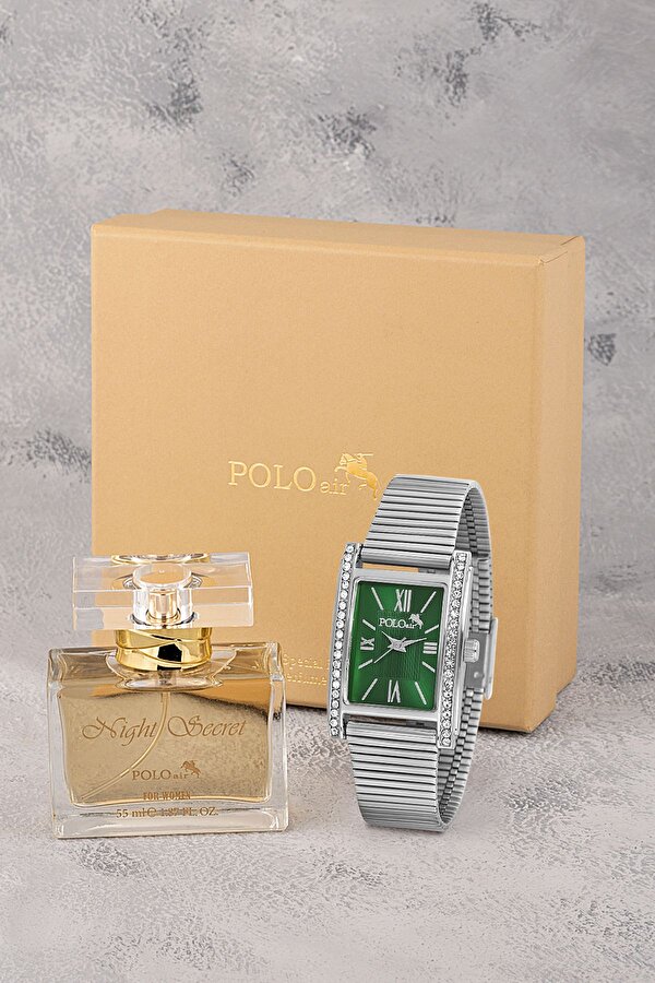 Polo Air Vintage Kadın Kol Saati Ve 55 ml Parfüm Seti Hediyelik Kutsunda Kombin Gümüş Yeşil Renk ST-2130S5
