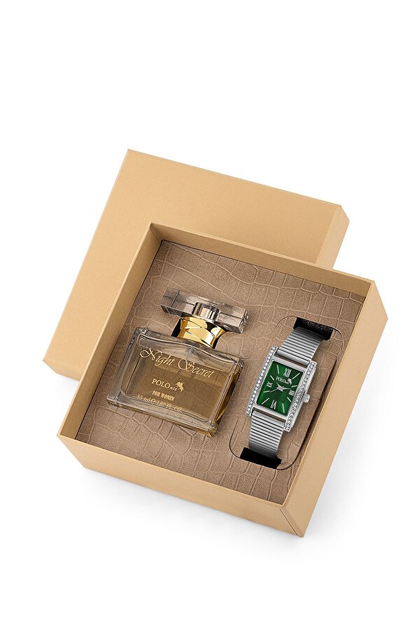 Polo Air Vintage Kadın Kol Saati Ve 55 ml Parfüm Seti Hediyelik Kutsunda Kombin Gümüş Yeşil Renk ST-2130S5