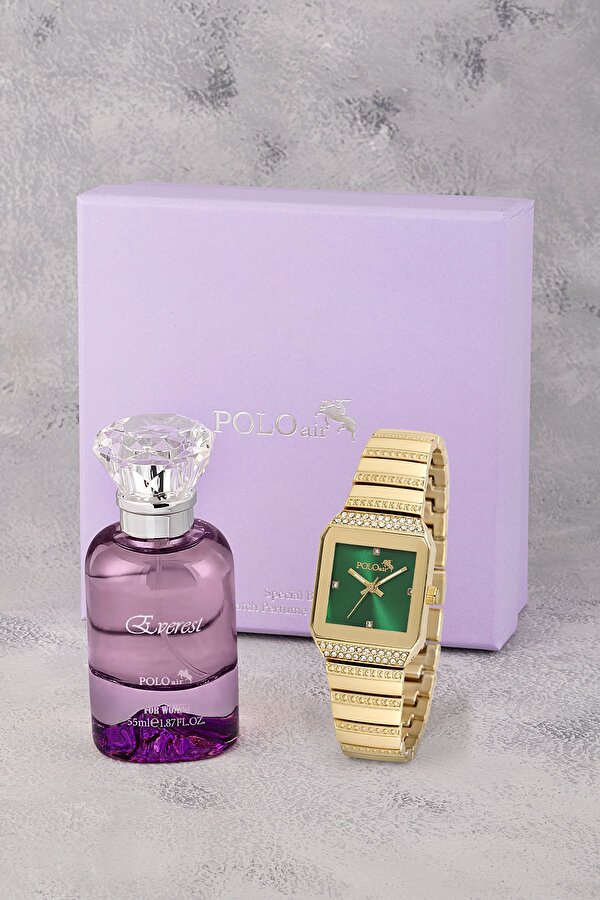 Polo Air Kare Kadın Kol Saati Ve 55 ml Parfüm Seti Hediyelik Kutsunda Kombin Gold Yeşil Renk ST-2129S3