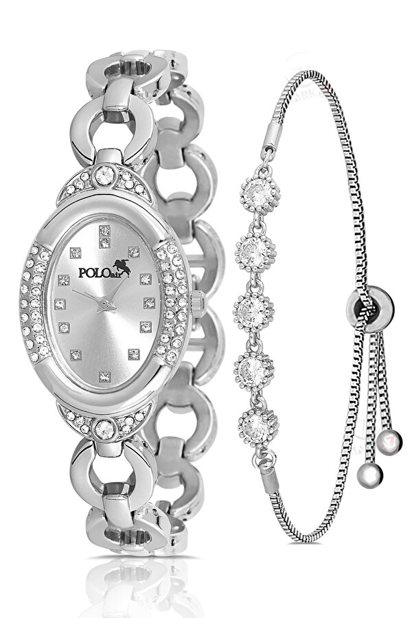 Polo Air Zincir Kordon Lüx Taşlı Kadın Kol Saati Zirkon Taşlı 5 Taş Bileklik Kombin Gümüş Renk PL-1516B2