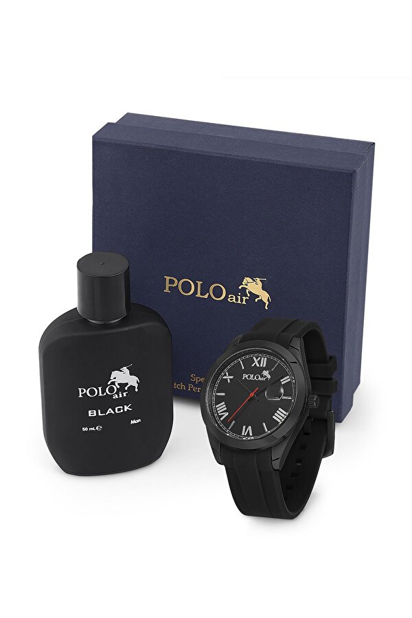 Polo Air Mercek Takvimli Erkek Kol Saati Ve Parfüm Seti Hediyelik Kutusunda Kombin Siyah Renk PL-0946E1