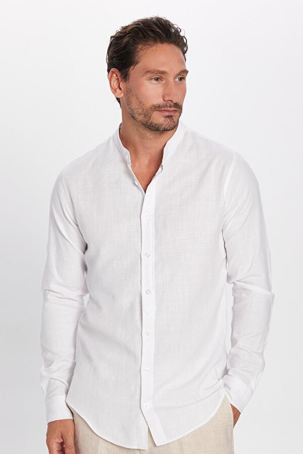 Tudors Erkek Slim Fit Dar Kesim Uzun Kollu %100 Pamuk Keten Doku Hakim Yaka Beyaz Gömlek