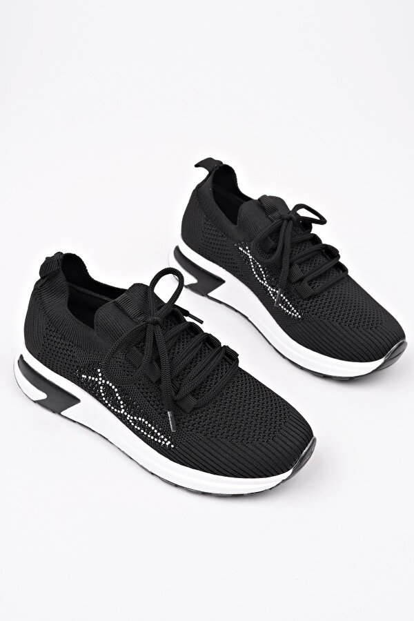 Muggo MARTHA Kadın Kalın Taban Günlük Triko Taşlı Bağcıklı Sneaker Spor Ayakkabı