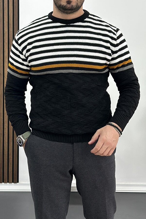 Edwox Erkek Çizgili Bisiklet Yaka Slim Fit Triko Kazak Siyah Edw019
