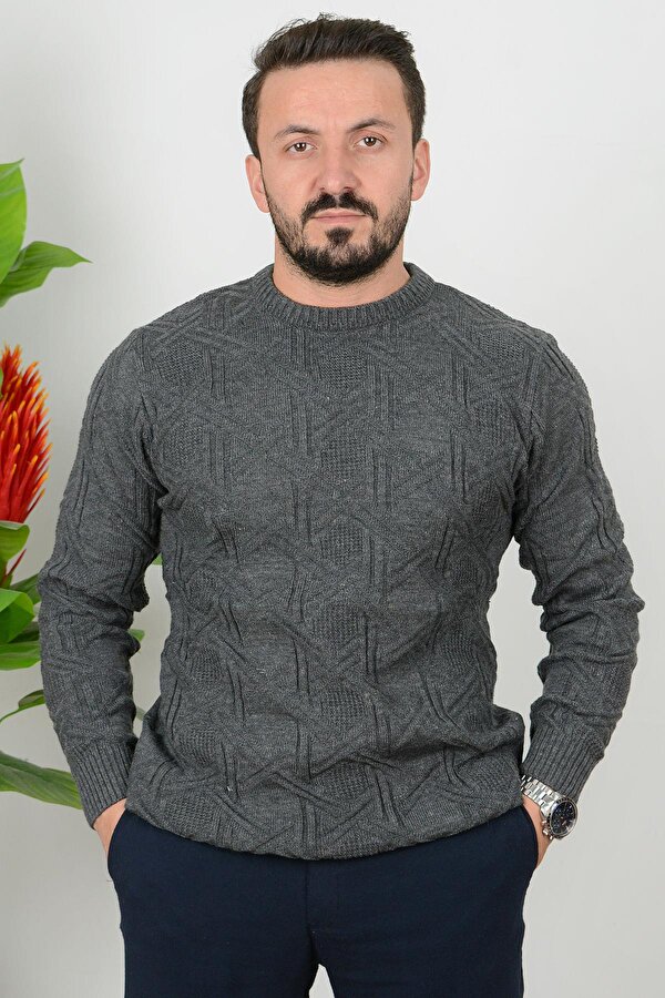 Edwox Erkek Desenli Bisiklet Yaka Slim Fit Triko Kazak Antrasit Edw018