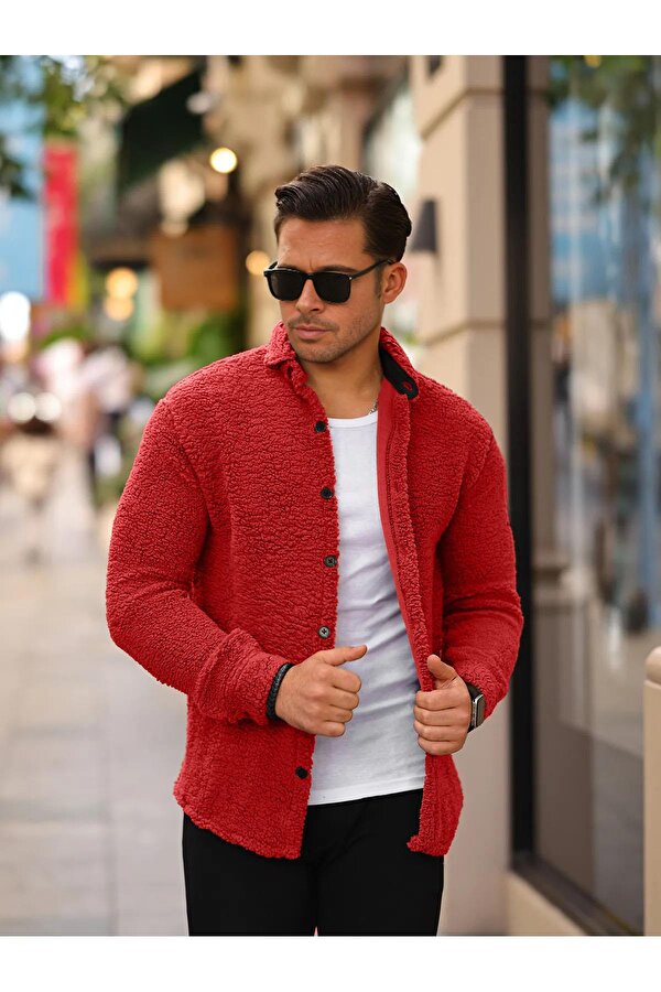 Edwox Erkek Slim Fit Peluş Gömlek Kırmızı Edw014