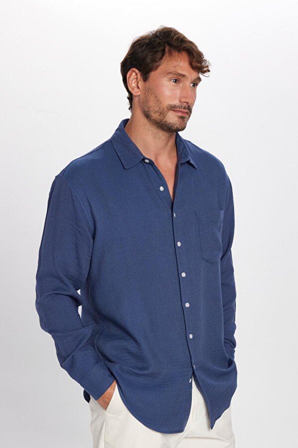 Tudors Erkek Relax Fit Rahat Kesim Viskon Pamuklu Tek Cepli Düz İndigo Gömlek