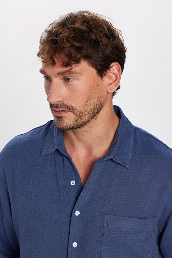 Tudors Erkek Relax Fit Rahat Kesim Viskon Pamuklu Tek Cepli Düz İndigo Gömlek