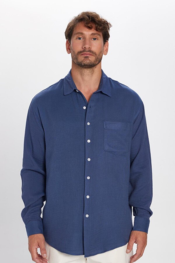 Tudors Erkek Relax Fit Rahat Kesim Viskon Pamuklu Tek Cepli Düz İndigo Gömlek