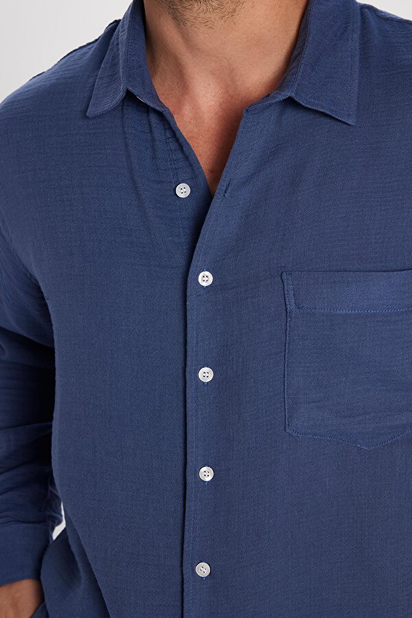 Tudors Erkek Relax Fit Rahat Kesim Viskon Pamuklu Tek Cepli Düz İndigo Gömlek