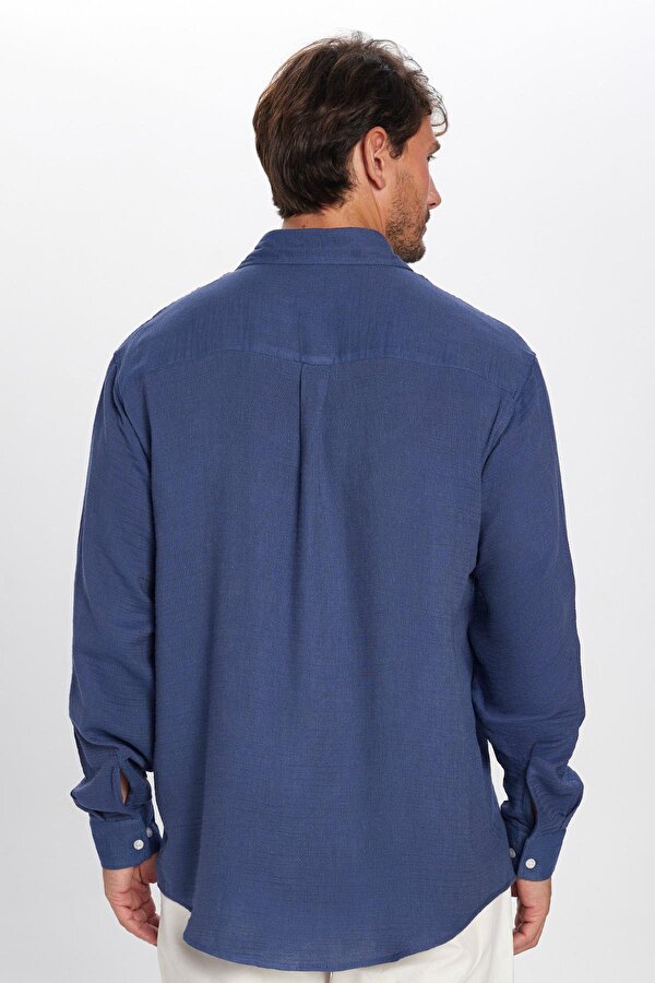 Tudors Erkek Relax Fit Rahat Kesim Viskon Pamuklu Tek Cepli Düz İndigo Gömlek