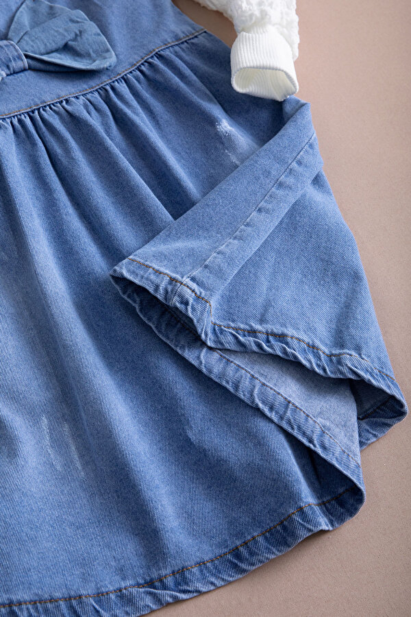 Cansın Mini Mavi Fiyonklu Salopetli ve Kol Detaylı Badili Kız Çocuk 2li Takım 20510