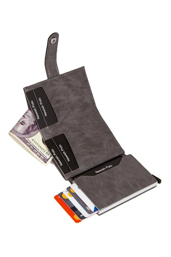 Newish Polo Deri Rfıd Koruyucu Alüminyum Otomatik Mekanizma Kartlık ve Cüzdan new068 - Gri